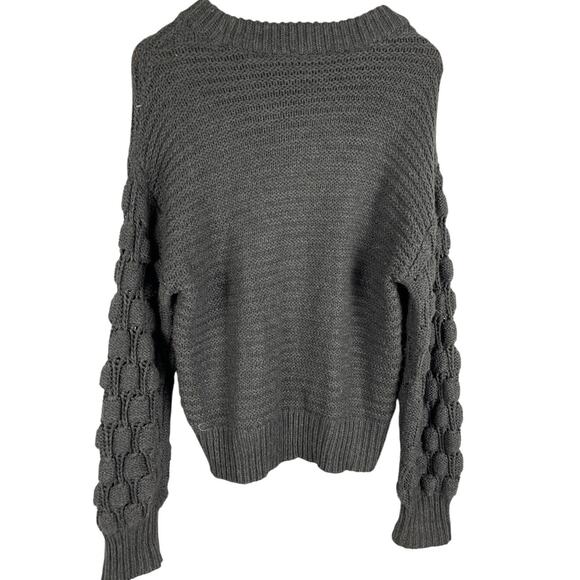 Elodie Gray Pullover Chunky Knit‎ Crewneck Sweater Pom Pom Sleeves Size Medium - Picture 5 of 10